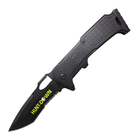 Hunt-Down 9" All Black Serrated Blade Spring Assisted Folding Knife With Belt Clip