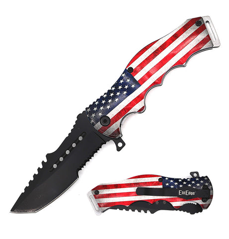 8.5" US Flag Tactical Spring Assisted Open Pocket Knife Black Cleaver Folding Blade