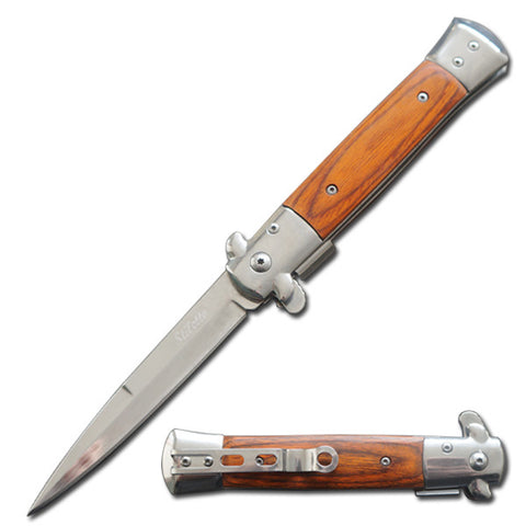 5" Closed Stiletto Style Spring Assisted Open Pocket Knife Natural Wood Handle