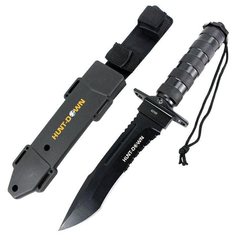 Hunt-Down 12" All Black Fixed Blade Survival Knife - Survival Kit & Compass 9825