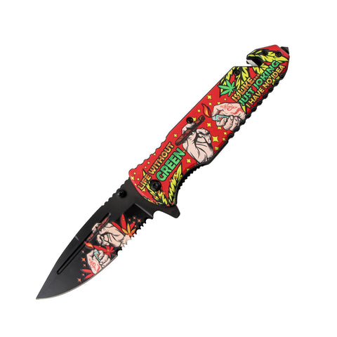 8.5" Hands Design Red Handle Spring Assisted Folding Knife W/ Belt Cutter