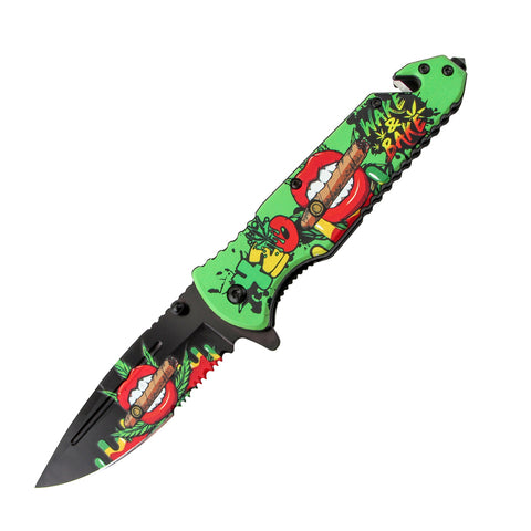 8.5" Lips Design Green Handle Spring Assisted Folding Knife W/ Belt Cutter