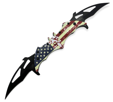 Dual Blade Spring Action Knife SKULL American Flag