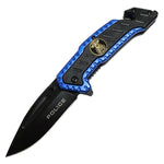 7 5/8" Blue & Black Spring Assisted Folding Knife Heavy Duty Steel New w/ Police Logo