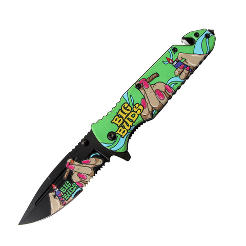 8.5" Fingers Design Green Handle Spring Assisted Folding Knife W/ Belt Cutter