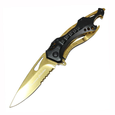 8" Premium Collection Spring Assisted Folding Knife Golden Coated Blade