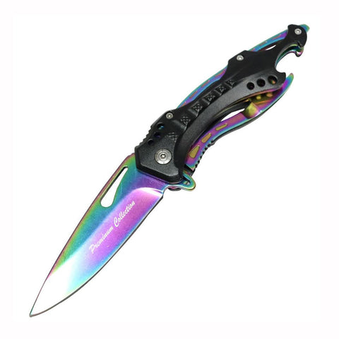 8" Premium Collection Spring Assisted Folding Knife Rainbow Blade Black Handle