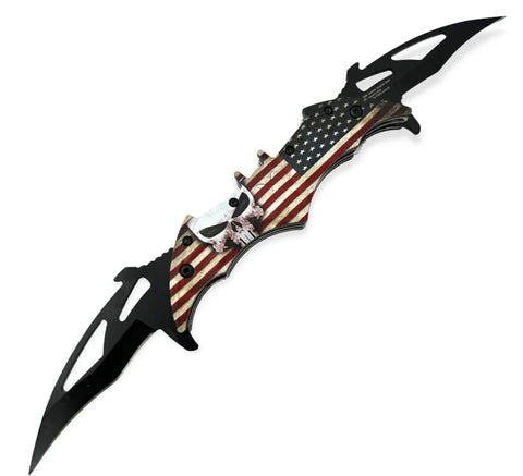 Dual Blade Spring Action Knife Black SKULL American Flag