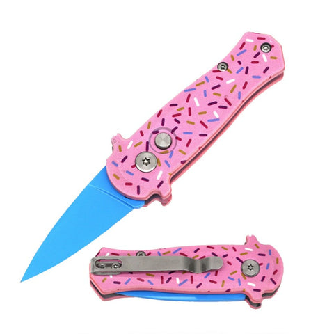 3.25" Closed Pink Sprinkles CNC Aluminum Handle Mini Auto Switch Blade Knife