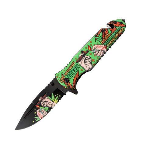 8.5" Hands Design Green Handle Spring Assisted Folding Knife W/ Belt Cutter