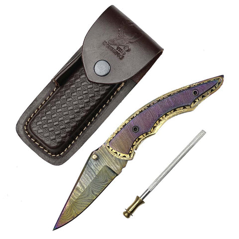 TheBoneEdge 7.5" Multi Color Damascus Blade Folding Knives Handmade with Sheath
