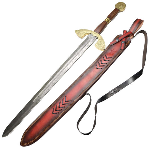 TheBoneEdge 35" Wood Handle Damascus Blade Sword With Genuine Leather Sheath