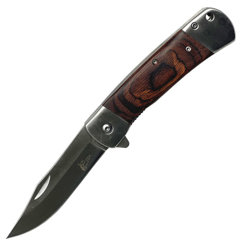 TheBoneEdge 8" Wood Handle Steel Bolster Spring Assisted Folding Knife