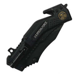 Defender 8" All Black Serrated Blade Spring Assisted Folding Knife W/ Belt Cutter & Clip