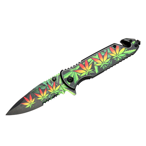 8" Red & Yellow Leaves Design Spring Assisted Folding Knife W/ Belt Cutter