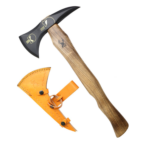 TheBoneEdge 18" Throwing Axe Ash Wood Handle Skull Design Black Blade With Sheath