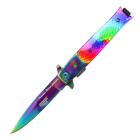 Defender-Xtreme 9" Spring Assisted Folding Knife 3D Printed Acrylic Rainbow Bolster