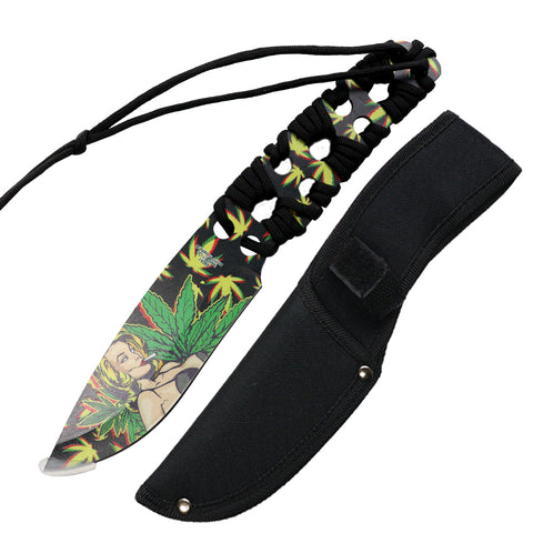 Defender 10" 3D Girl & Leaves Pattern Blade With Black Nylon Cord Wrapped Handle Hunting Knife With Sheath