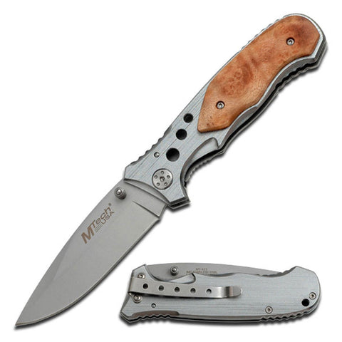 MTech USA -Silver Folding Knife - MT-423SL Pocket EDC Wooden Handle
