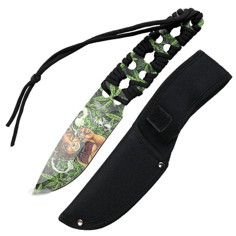 Defender 10" 3D Leaves & Girl Pattern Blade With Black Nylon Cord Wrapped Handle Hunting Knife With Sheath