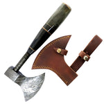 TheBoneEdge 10" Damascus Steel Axe Horn Handle With Brown Leather Sheath