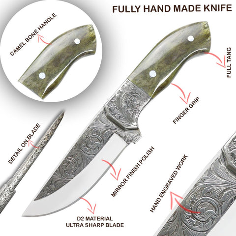 TheBoneEdge 10" Hand Made Engraved Blade Green & Brown Wood Handle Tracker Hunting knife With Sheath