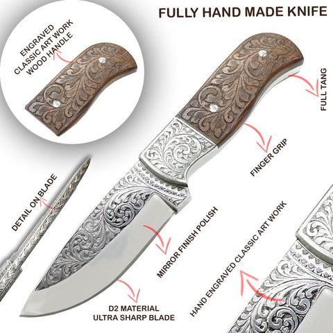 TheBoneEdge 9" Rose Wood Handle Engraved Blade Hand Made Tracker Hunting knife With Sheath