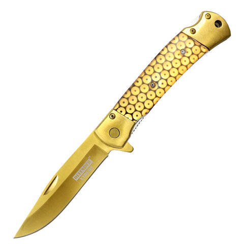 Defender-Xtreme 9" Gold Coated Blade Glitter Handle Steel Bolster Spring Assisted Folding Knife