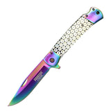 Defender-Xtreme 9" Rainbow Blade Glitter Handle Steel Bolster Spring Assisted Folding Knife