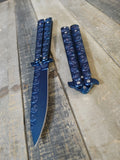 9.10 Inch Solid Steel Skull Butterfly Folding Knife (Blue)