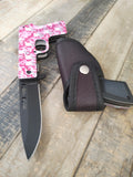 Pistol Spring Assisted Folding Knife- Pink Camo