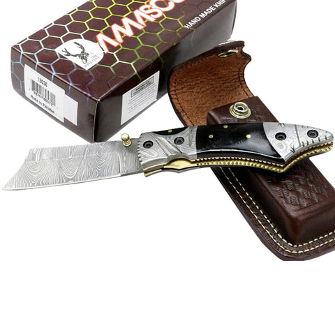 TheBoneEdge 7.5" Folding Knife Damascus Blade Horn Handle Handmade with Sheath