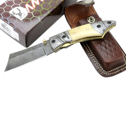 TheBoneEdge Handmade 7.5" Damascus Blade Folding Knife Horn Handle with Sheath