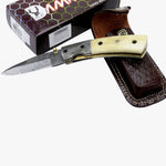 TheBoneEdge 7" Damascus Blade Folding Knife Horn Handle with Sheath