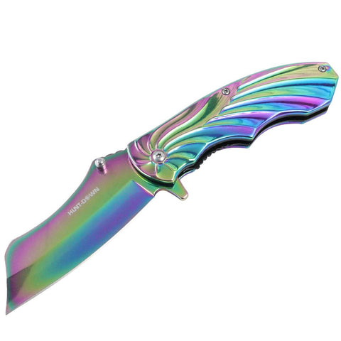 Hunt-Down 7" Rainbow Color Stainless Steel Spring Assisted knives With Belt Clip 13079