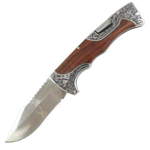 TheBoneEdge Wood Handle Engraved Design 9" Folding Knife 3CR13 Stainless Steel 13104