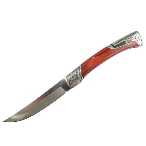 TheBoneEdge Red Rosewood Handle Engraved Design 9" Folding Knife 3CR13 Steel 13109