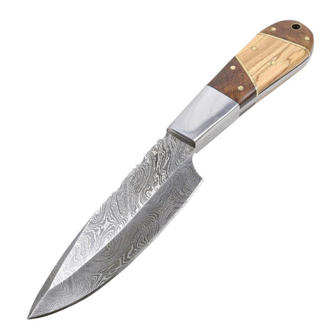 TheBoneEdge 9" Wood Handle Damascus Steel Hunting Knife with Leather Sheath