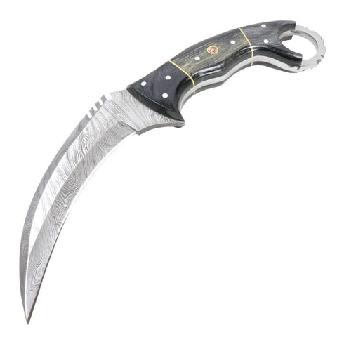 TheBoneEdge 8.5" Damascus Steel Blade Wood Handle Hunting Knife with Leather Sheath