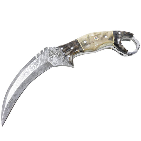 TheBoneEdge 8.5" Damascus Blade Ram Handle Hunting Knife with Leather Sheath