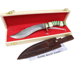 TheBoneEdge 13" Damascus Blade Hunting Knife White & Green Handle Leather Sheath