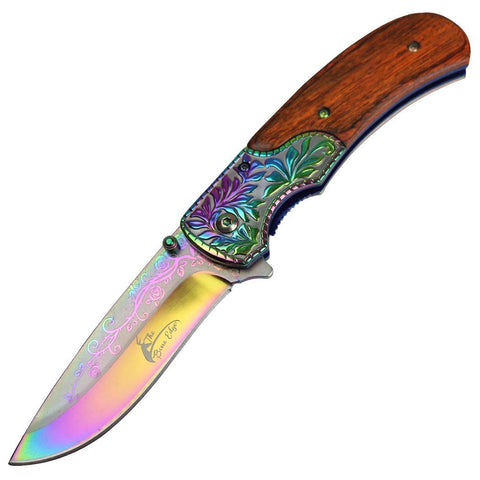 TheBoneEdge 8.5 Titanium Coating Packawood Handle Spring Assisted Folding Knife  13293