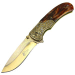 TheBoneEdge 8.5" Pearl Brown Handle Gold Coating Spring Assisted Folding Knife 13295