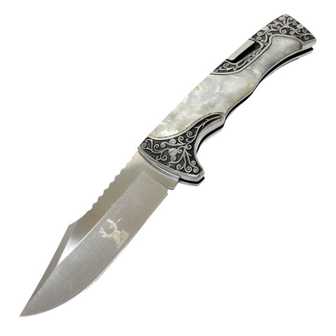 TheBoneEdge 9" Classic Western Folding Knife Stainless Steel White Pearl Handle 13362