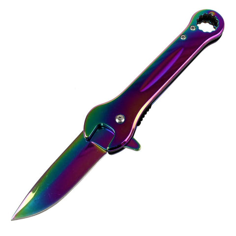 Defender-Xtreme 7.5" Wrench Tool Tactical Spring Assisted Folding Knife Rainbow 13408