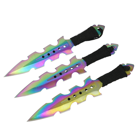 Defender 7.5" 3 Pc Ninja Throwing Knife Set Rainbow Stainless Steel Full Tang New 13564
