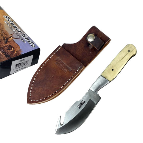 Defender-Xtreme 7.5" Bone Handle Stainless Steel Hook Blade Hunting Knife With Leather Sheath 13680