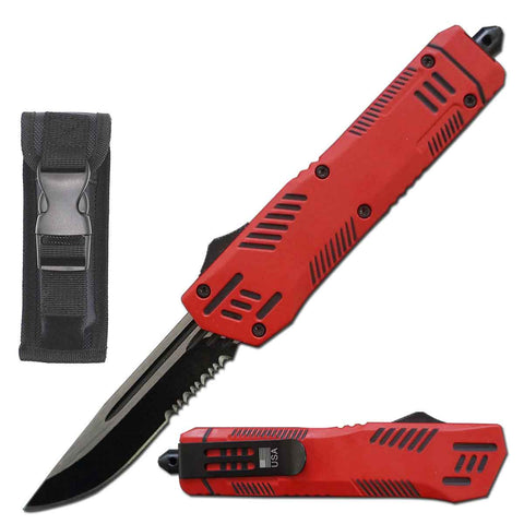 9" Automatic Dual Action Red Pitbull OTF Serrated Blade Knife