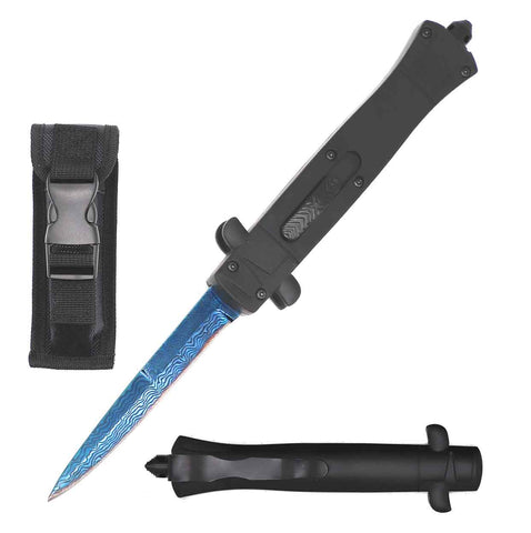 9" Italian Stiletto Style OTF Knife Blue Damascus Etched Blade