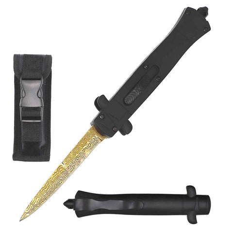 9" Italian Stiletto Style OTF Knife Gold Damascus Etched Blade
